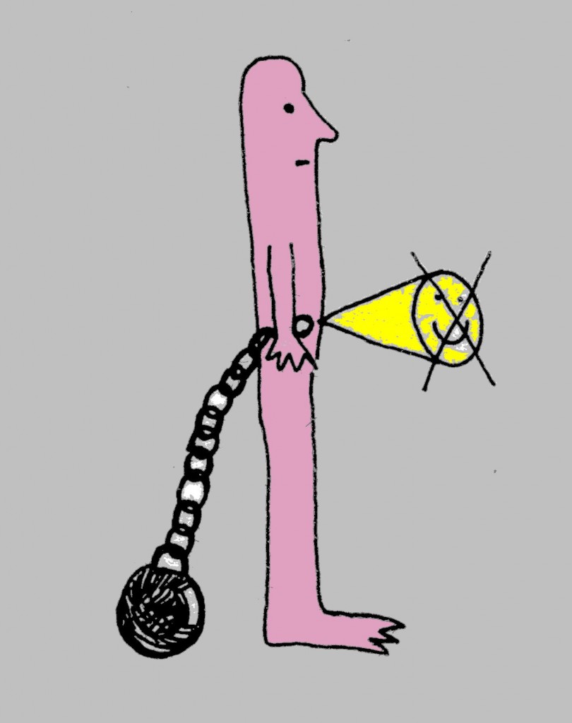 drawing of person with ball and chain of guilt blocking happiness