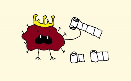 drawing of corona virus with crown eating all the toilet paper