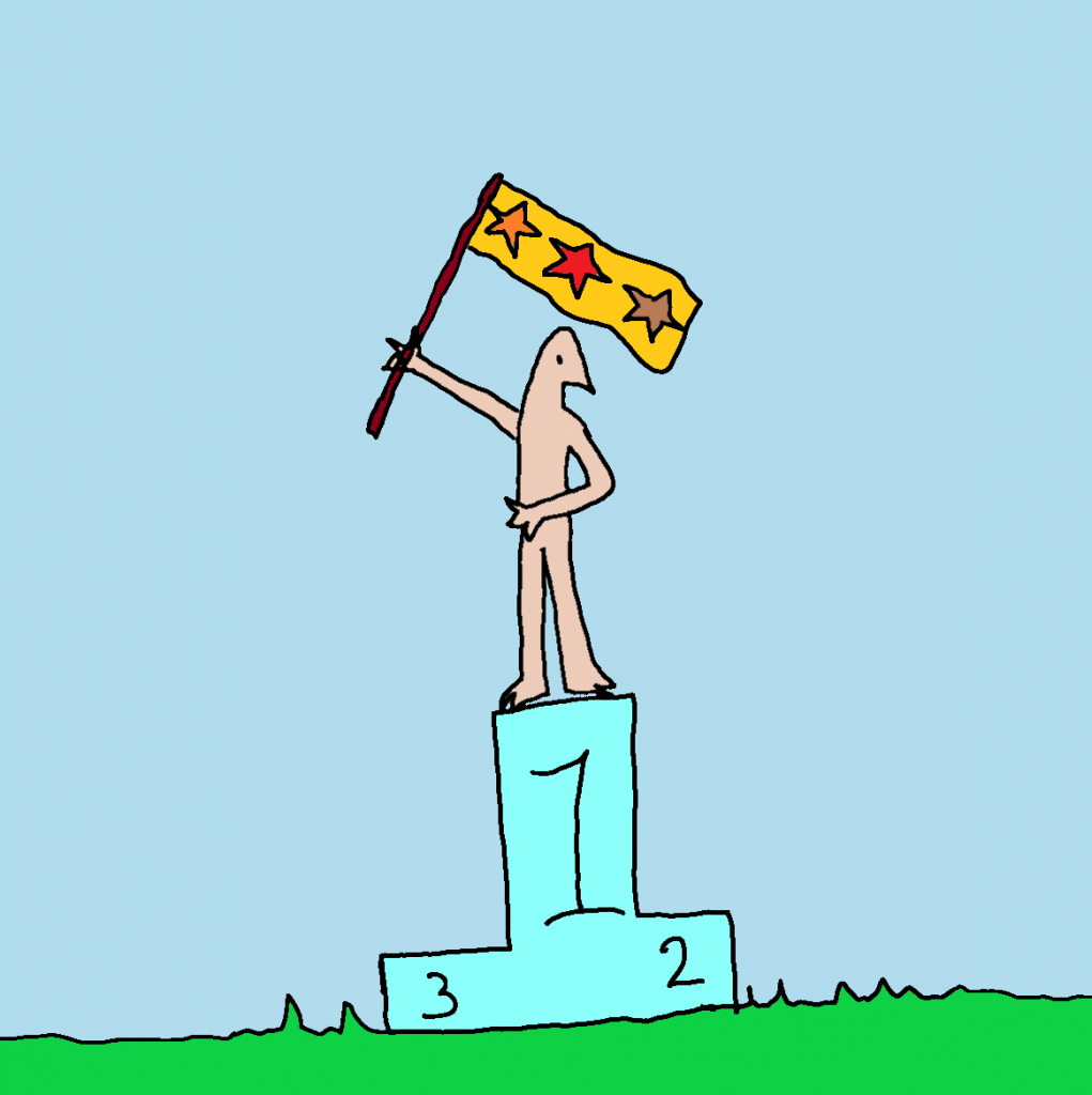 drawing of person holding flag and taking a bow on the olympic first place block